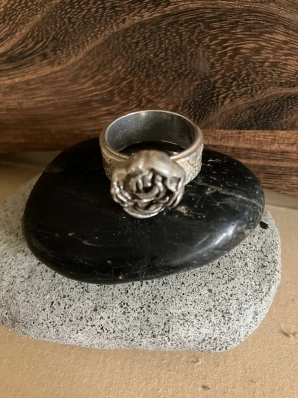 Artisan Rose and leafy band Ring in mixed metals
